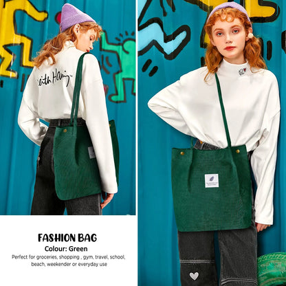 Corduroy Tote Bag Large for Women Girl Lady Canvas Shoulder Cord Purse and Handbags with Inner Pocket