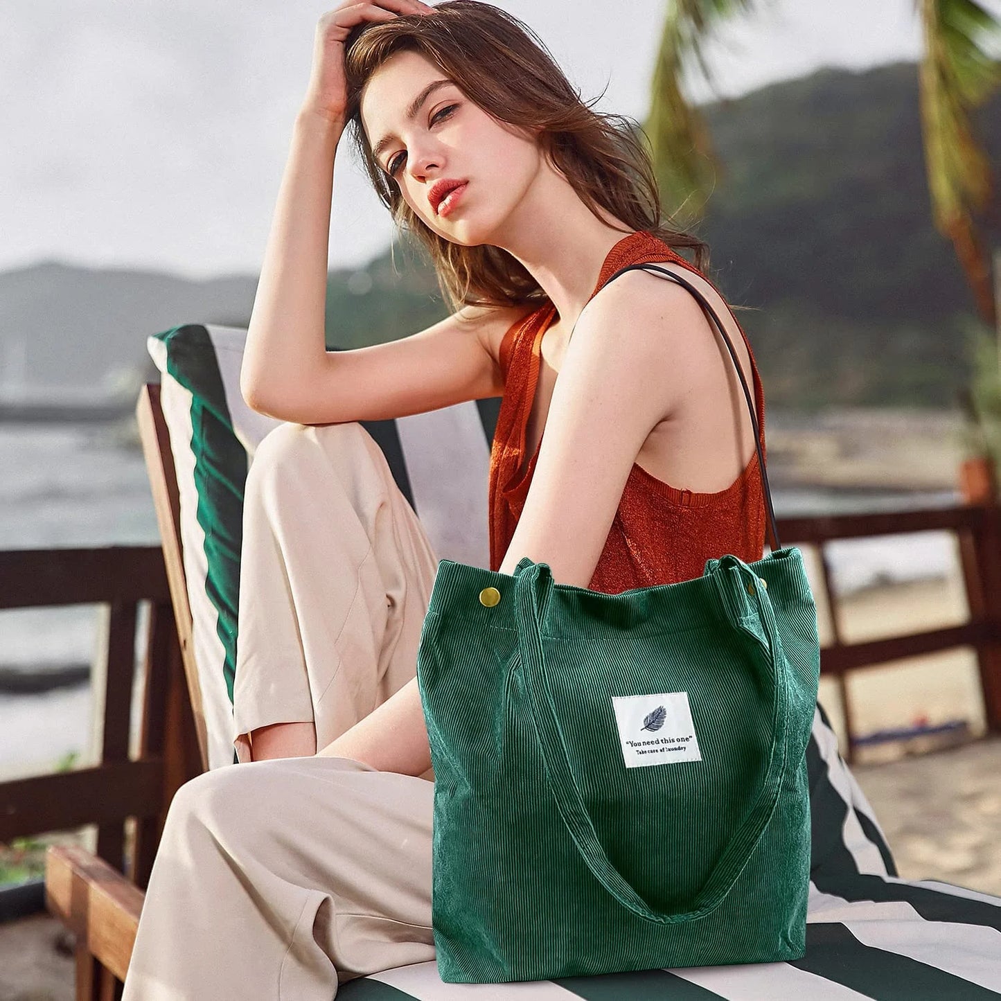 Corduroy Tote Bag Large for Women Girl Lady Canvas Shoulder Cord Purse and Handbags with Inner Pocket